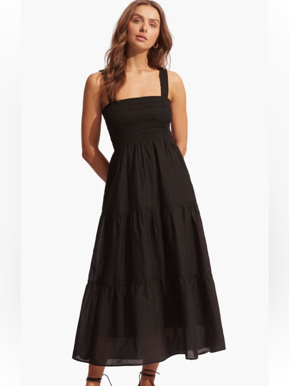 Seafolly Black Cotton Smocked Square-Neck Flowy Maxi Dress with Pockets, XS